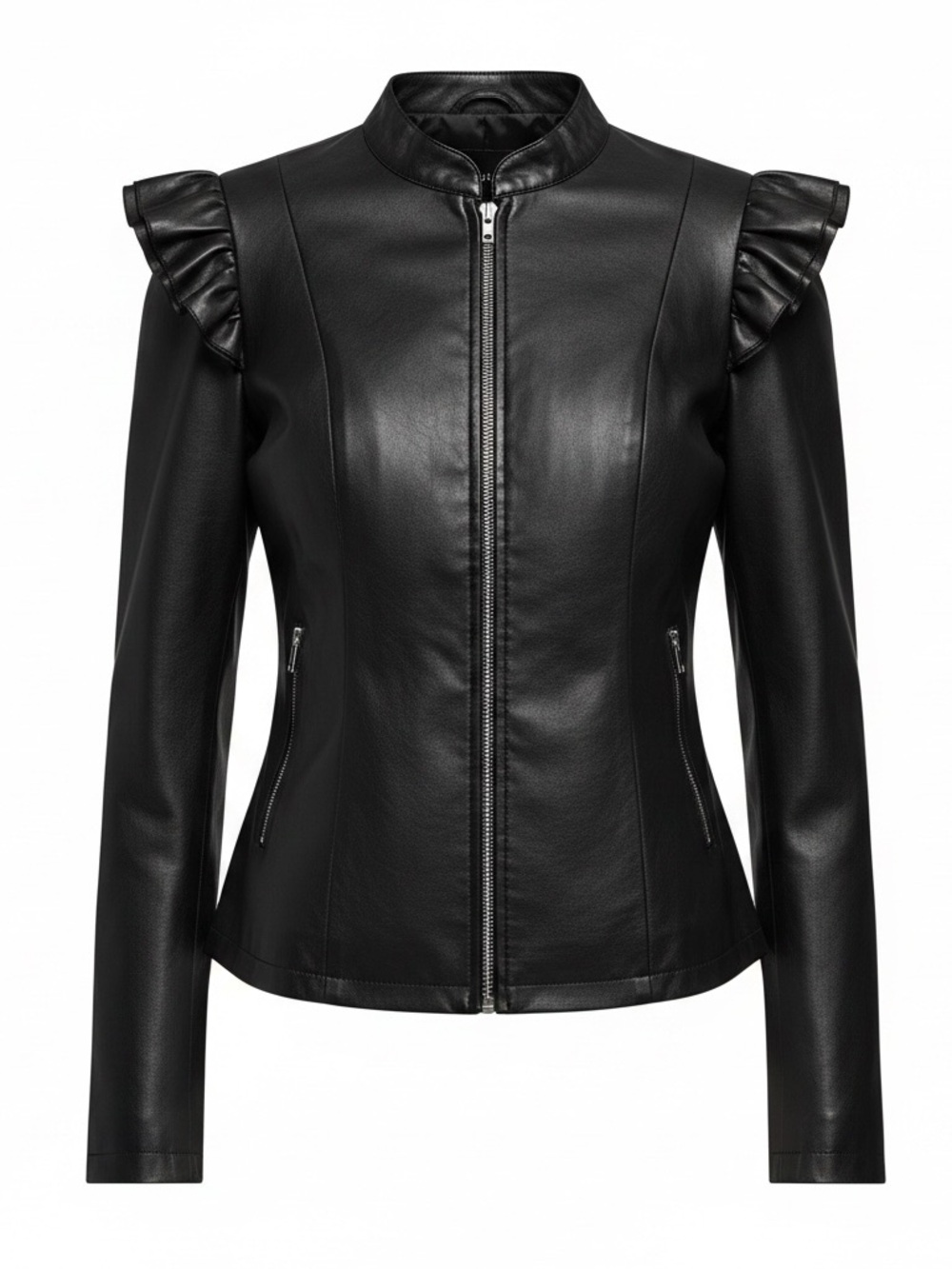 SHEIN XL 0X Black Faux Vegan Leather Zip Jacket Ruffles On Shoulders - Picture 2 of 14